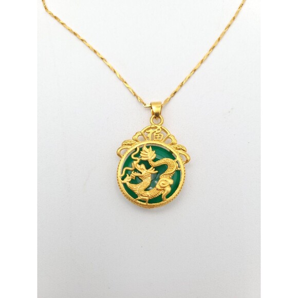 Green Jade Gold Tone Dragon Pendant On 18k Gold Electroplated Chain Necklace - Picture 6 of 10